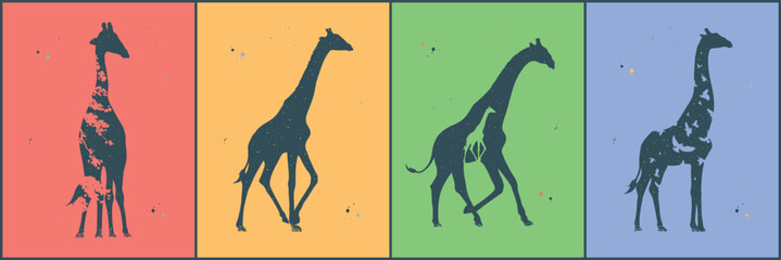 Giraffe silhouette. Night starry sky texture. Abstract animal shape set