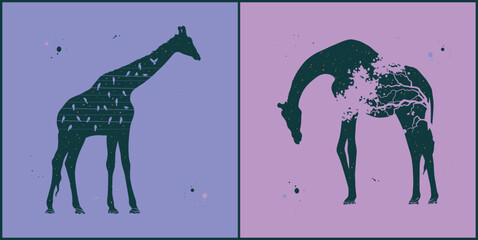 Giraffe silhouette. Night starry sky texture. Abstract animal shape set