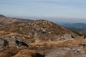 Road of stones in mountains in autumn