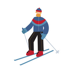 Vector flat illustration with skiing man isolated on white background.
