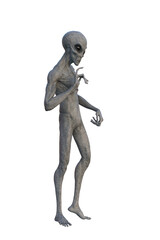 Grey Alien thinking. 3D render isolated on transparent background.