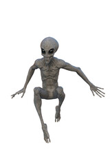 Grey Alien jumping. 3D render isolated on transparent background.