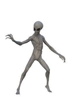 Grey Alien. 3D render isolated on transparent background.