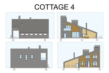 Detailed architectural one story private house blueprints and drawings. Vector illustration