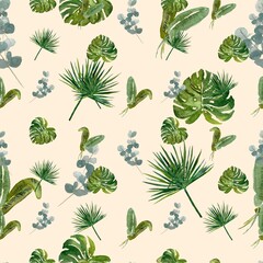 Seamless palm eucalyptus a beige ornate pattern