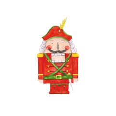 Nutcracker is isolated on a transparent background. Watercolor character from the Christmas nutcracker ballet. Holiday solder doll illustration. A figure of the nutcracker clipart.