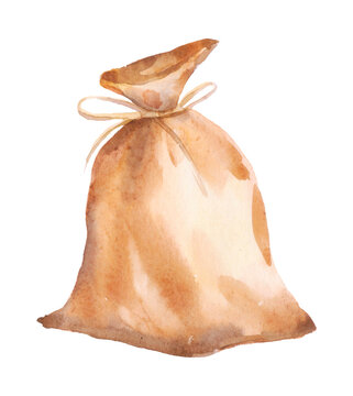 Watercolor Painting Of Sack With Brown Drawstring ,isolated On White Background