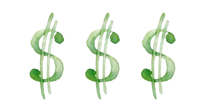 Painting of dollar symbol with watercolor effect. Outline sketch of currency sign painted colors. Qualitative illustration for banking, financial industry, economy, accounting, currency markets, etc