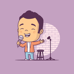 Stand up comedian performing on stage vector cartoon illustration