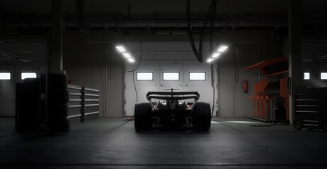 Back view silhouette of a modern generic sports racing car standing in a dark garage on a pit lane, cinematic lighting. Realistic 3d rendering - obrazy, fototapety, plakaty
