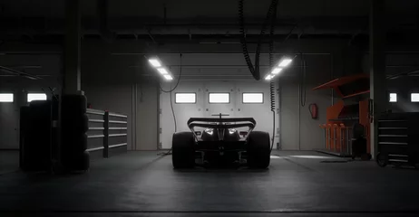 Zelfklevend Fotobehang Back view silhouette of a modern generic sports racing car standing in a dark garage on a pit lane, cinematic lighting. Realistic 3d rendering © supamotion