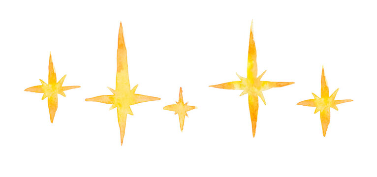 Hand painted set of stars in yellow ink watercolor illustration