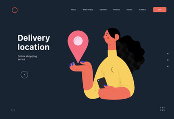 Delivery location -Online shopping and electronic commerce web template -modern flat vector concept illustration of young woman with location mark. Promotion, discounts, sale and online orders concept