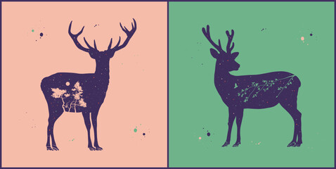 Deer silhouette. Night starry sky texture. Abstract animal shape set