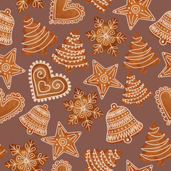 Materiał do szycia Watercolor winter christmas seamless pattern with ginger cookies. New year pattern. Cookies on a brown background. for wallpaper, gift paper, pattern fills, textile, greetings cards.