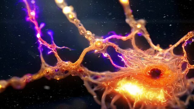Animation macro close up of a neuron showing the quantum dna ethereal connections to the divine. Version 3