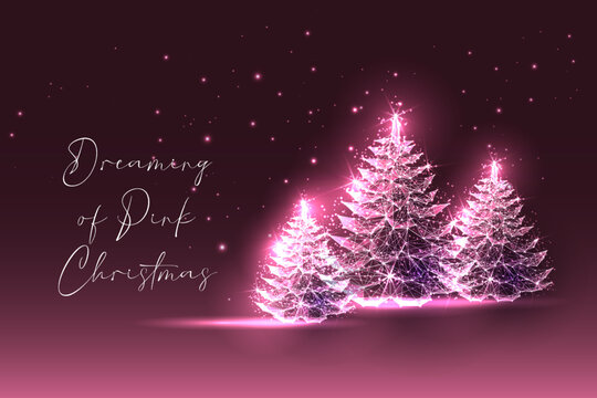 Dreaming of pink Christmas greeting card with modern glowing Christmas spruce trees on burgundy