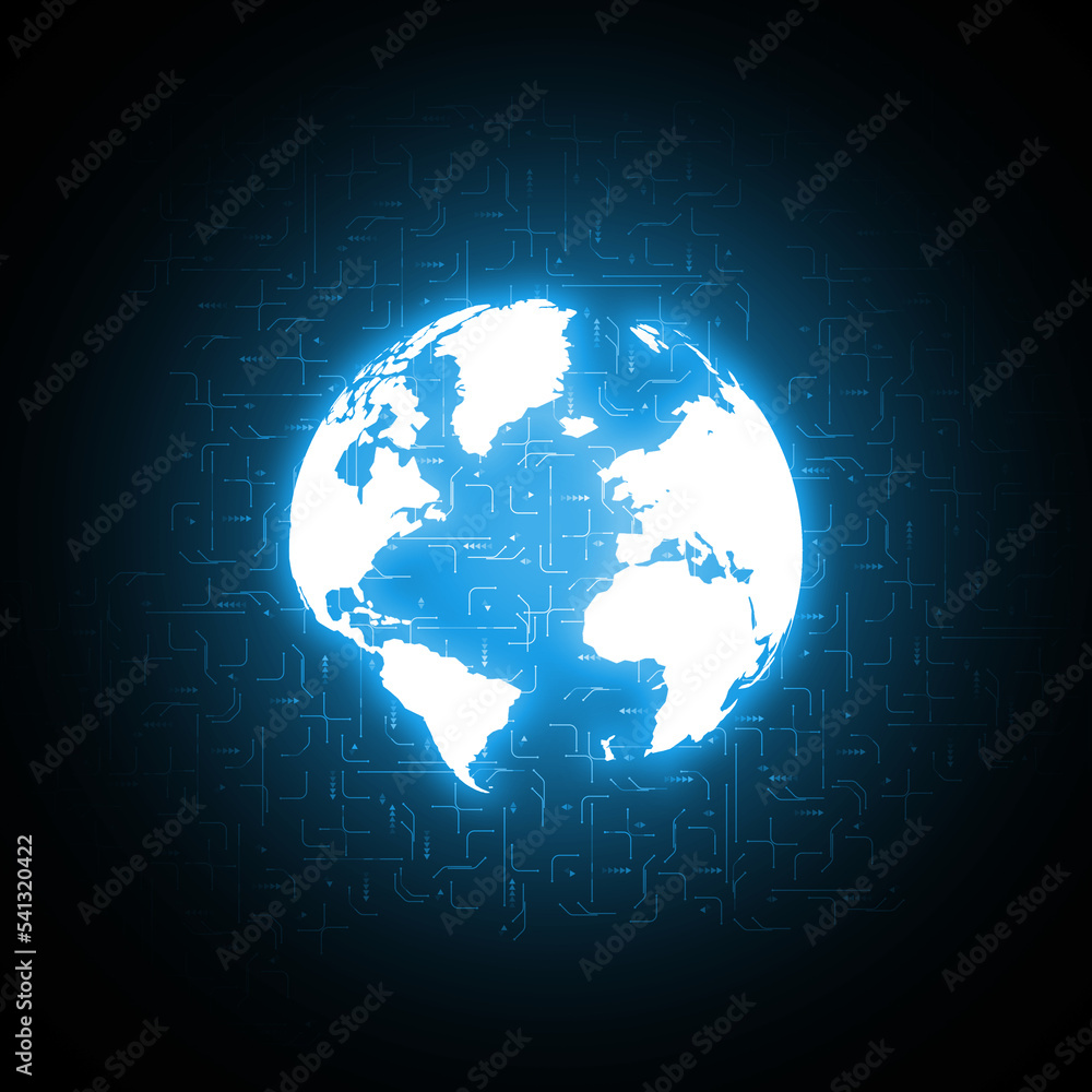 Wall mural digital globalization. holographic map of the world against the background of technical schemes.