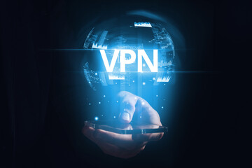 Holographic projection with vpn over smartphone in person hand. Internet security