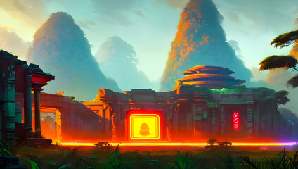 Fototapeta premium ancient science fiction temple ruins on an alien planet in the jungle with palm trees and neon lights - painted illustration - concept art - background