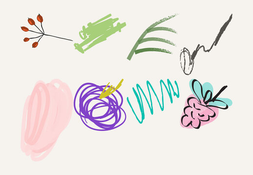 Set of Artistic Hand Drawn Fruits Flowers and Scribbles