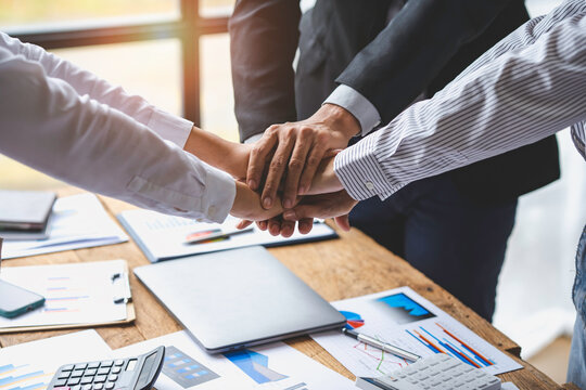 Business executives people doing hand stack after meeting, Group of Business People Diverse Brainstorm Meeting Concept, Teamwork concept