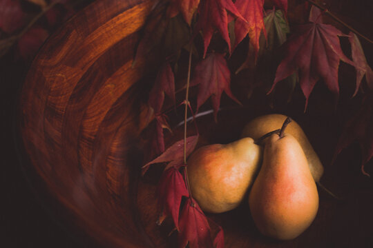 Still life with pears and red maple leaves with copy-space