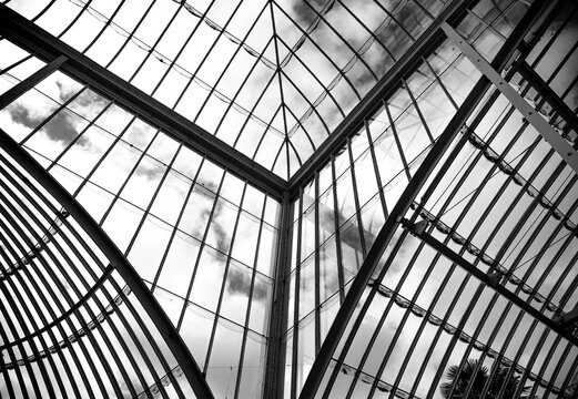 Historic architectural structure of the greenhouse. Arched reinforced steel frame and glass roof, black and white abstract photo background