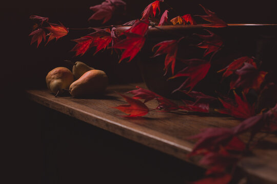 Still life composition of pears and colorful maple leaves in a wooden bowl on antique table next to window