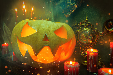 burning pumpkin lantern