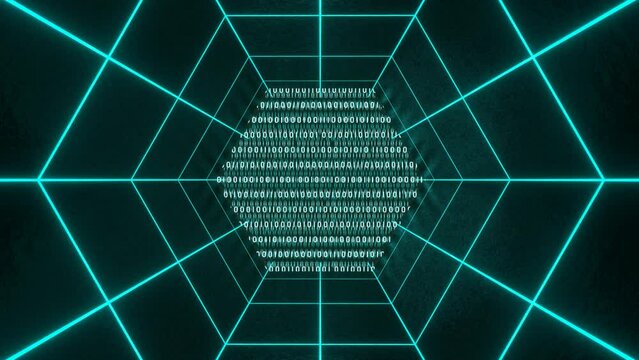 Sci fi hexagon binary wall texture neon tunnel. Time travel or space and time metaphor metaverse web 3. 3d render cgi video