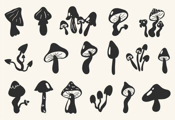 Set of psychedelic mushrooms, hallucinogenic forest plants, black and white. Cartoon fairy forest alien mushrooms, hippie style, flat design. Collection of psychedelic mushrooms.