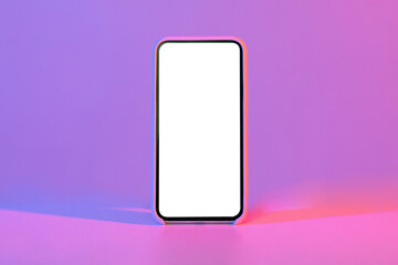 Modern phone with blank white screen, isolated on neon background