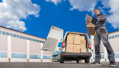 Postal worker. Minivan behind courier. Postman picks up boxes from warehouse. Postman in gray...