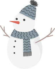 Christmas snowman wearing knitted hat and scarf, winter funny snow game, png illustration in flat cartoon style. Isolated on transparent background