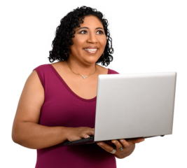 woman holding laptop computer while typing on keyboard	