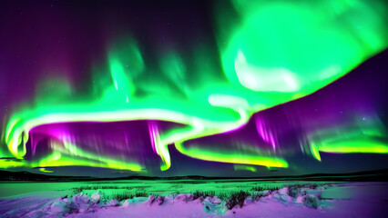 Realistic illustration of aurora borealis, Northern lights, dark night