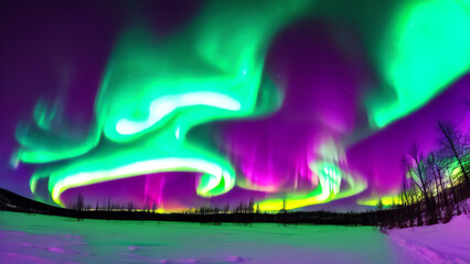 Realistic illustration of aurora borealis, Northern lights, dark night