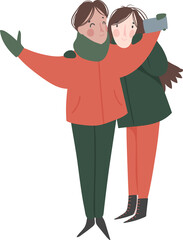 Winter holiday people, png. Couple man and woman making selfie in warm clothes under snow. Stylish illustration in pastel colors on transparent background