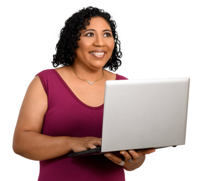 woman holding laptop computer while typing on keyboard	