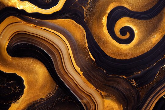 Scrolls Of Marble Or Ripples Of Agate. Texture Of Liquid Marble Black And Gold. Liquid Art. Digital Illustration