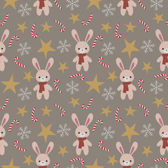 Christmas seamless bunny pattern, .Winter holiday rabbit background, . wrapping paper, .winter greetings, .web page background,. Christmas and New Year greeting cards print,.Cute bunny season print,