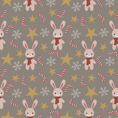 Obraz premium Christmas seamless bunny pattern, .Winter holiday rabbit background, . wrapping paper, .winter greetings, .web page background,. Christmas and New Year greeting cards print,.Cute bunny season print,