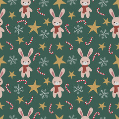 Christmas seamless bunny pattern, .Winter holiday rabbit background, . wrapping paper, .winter greetings, .web page background,. Christmas and New Year greeting cards print,.Cute bunny season print,