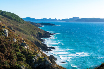 Majestic view of the coast at Cape Home and the Cies Islands in the background. Cangas - Spain