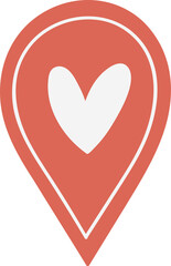 Red cute location sign icon with heart, png illustration in flat cartoon style. Isolated on transparent background