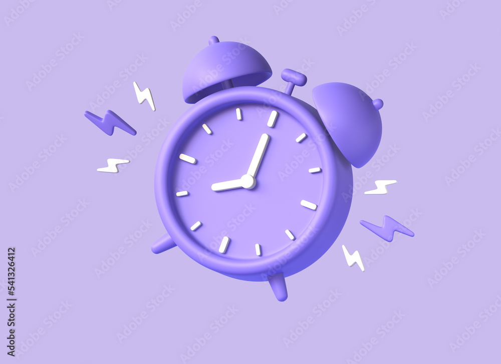 Fototapete 3d alarm clock and lightning in a realistic style. cartoon illustration isolated on purple background. 3d rendering