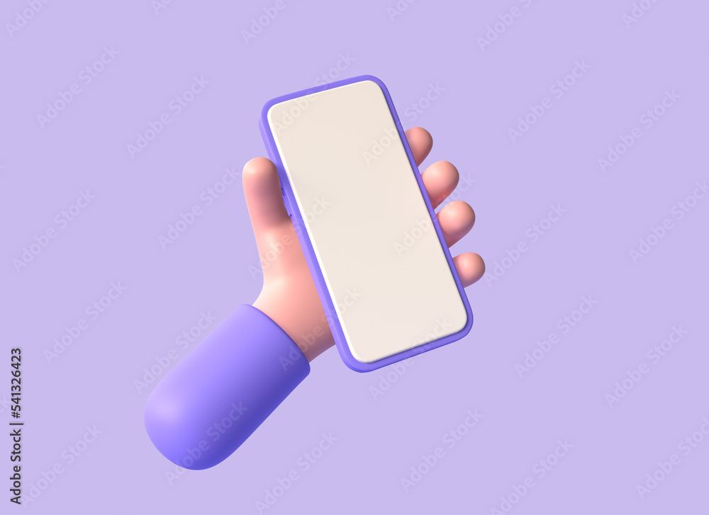 Aufkleber 3d hand holding a mobile phone with a blank screen in cartoon style. smartphone mockup in character 