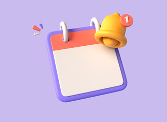 3d calendar and yellow bell icon with a missed notification sign in cartoon style. business planning concept. illustration isolated on purple background. 3d rendering