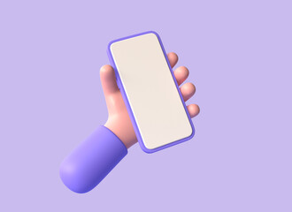 3d hand holding a mobile phone with a blank screen in cartoon style. smartphone mockup in character hand. 3d rendering